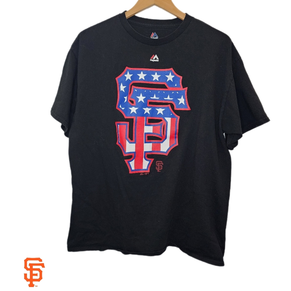 Majestic‎ Mens XL Black San Francisco Giants Baseball American Flag T Shirt